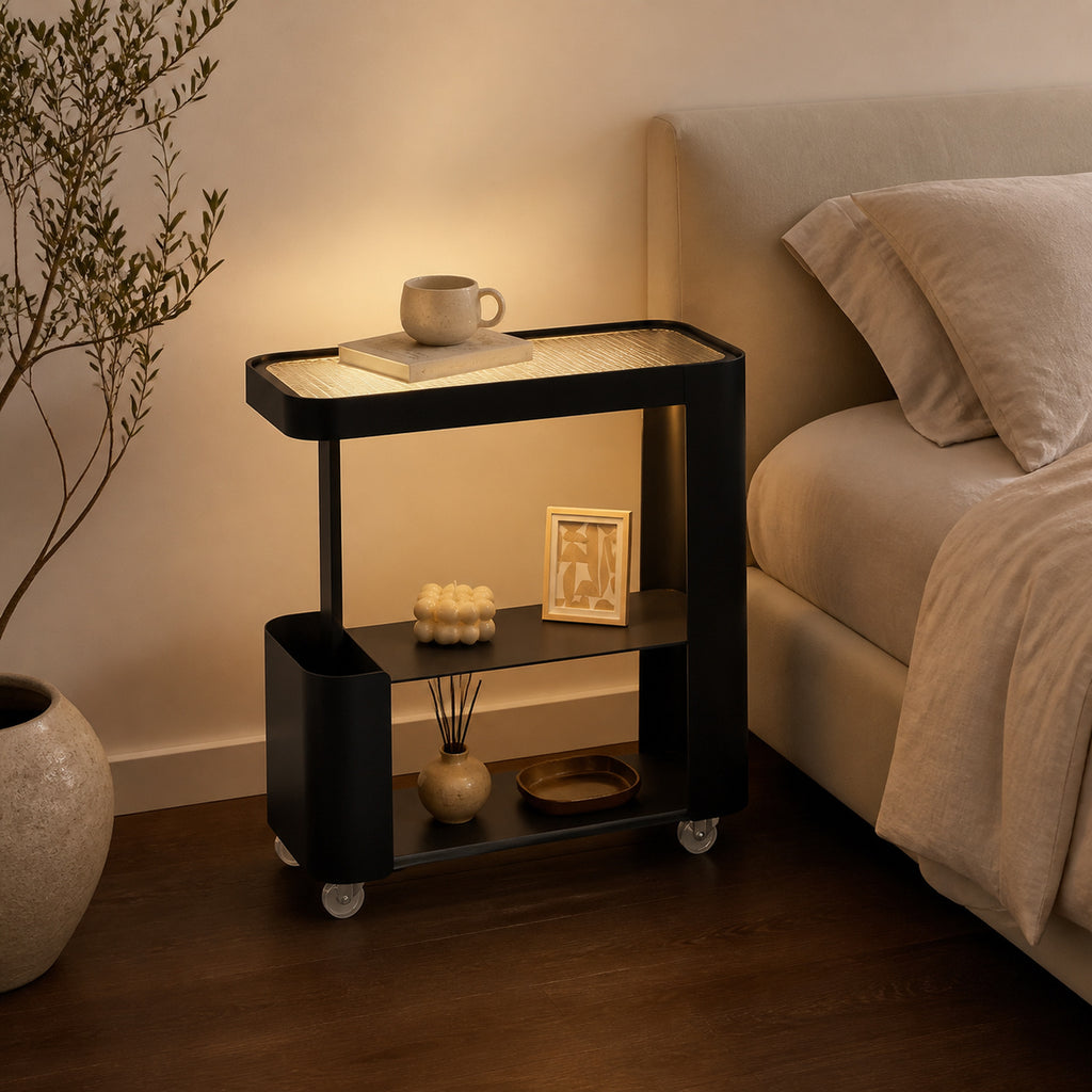 Slim Rolling Side Table with Touch Light and Storage