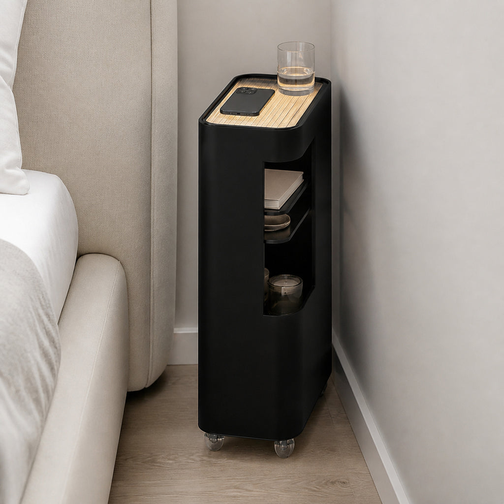 Slim Rolling Side Table with Touch Light and Storage