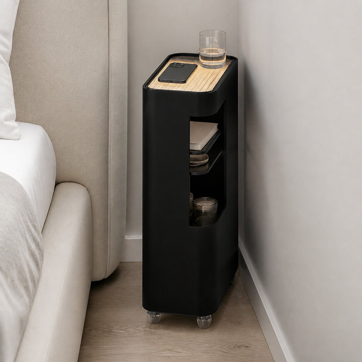 Slim Rolling Side Table with Touch Light and Storage