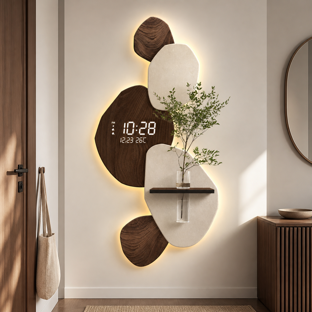 Modern Digital Wall Clock with Shelf, Vase & Backlight
