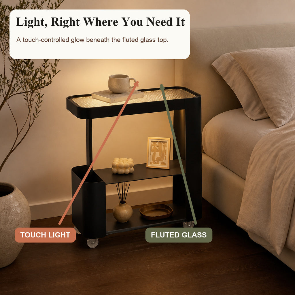 Slim Rolling Side Table with Touch Light and Storage