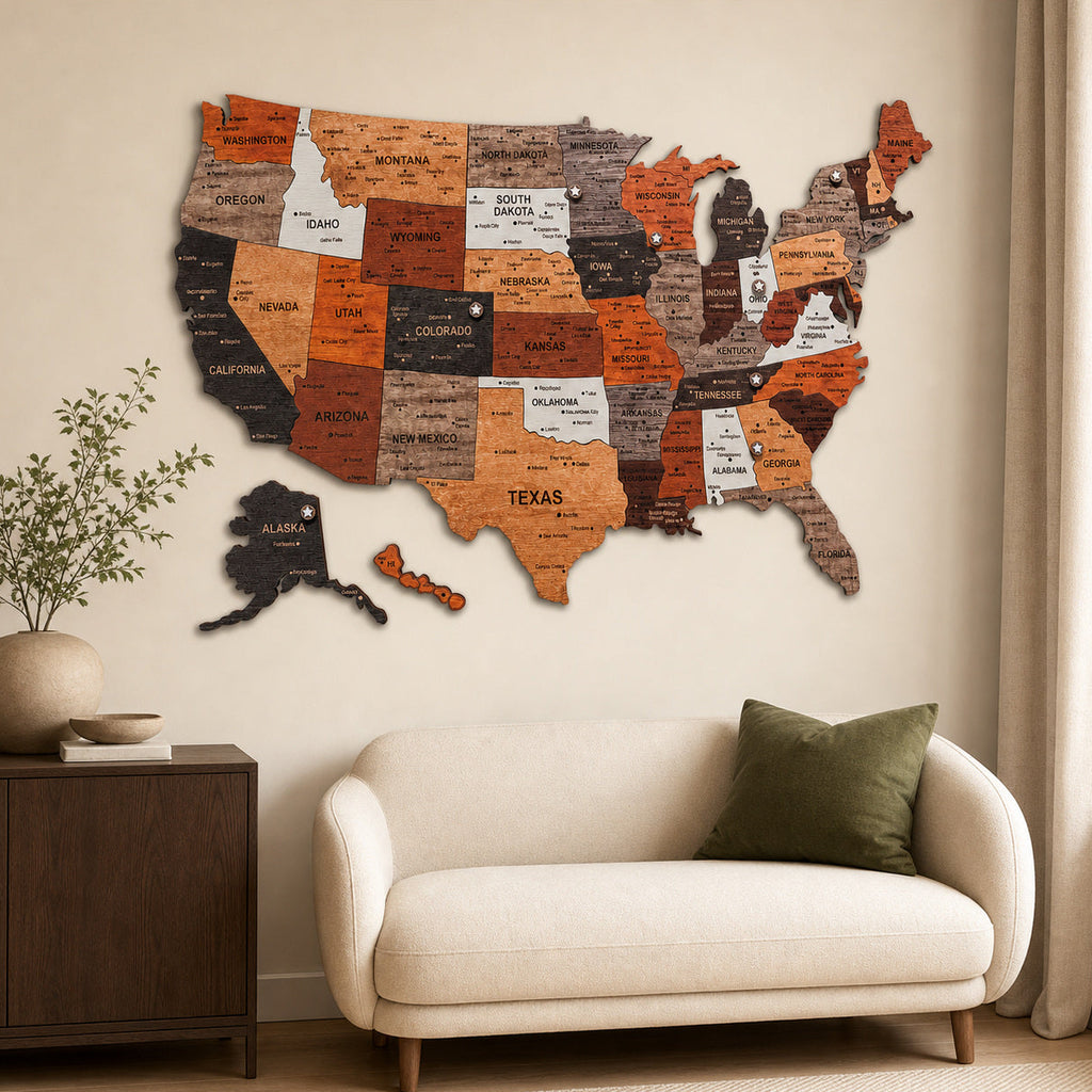 3D Wooden USA Travel Map Wall Art with Star Markers