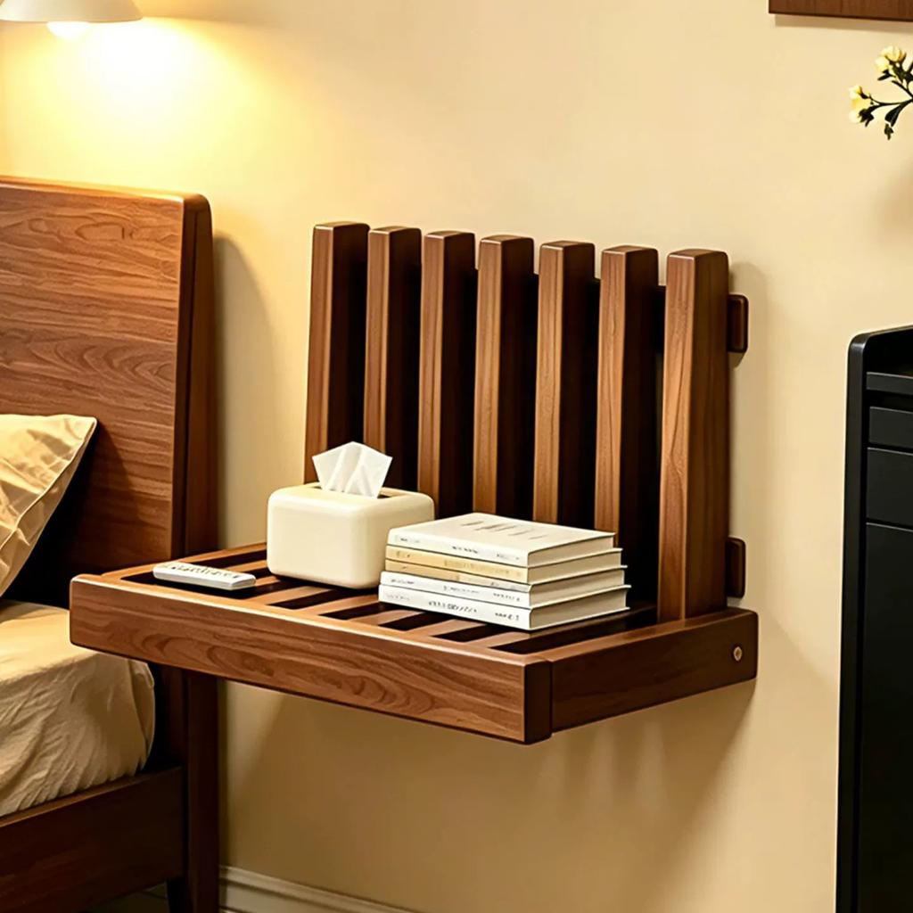 FoldAway Wall-Mounted Wood Shelf | Folding Bedside Table for Small Spaces