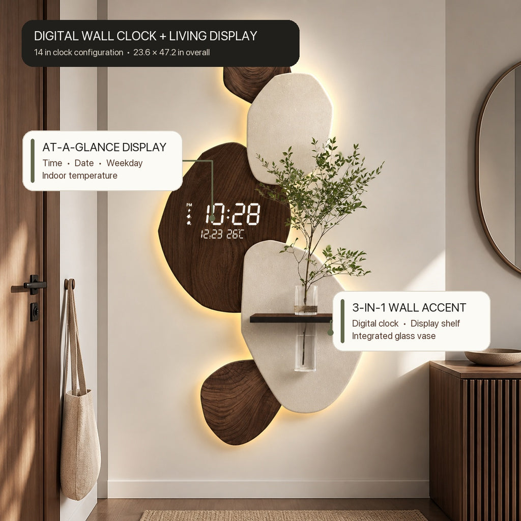 Modern Digital Wall Clock with Shelf, Vase & Backlight