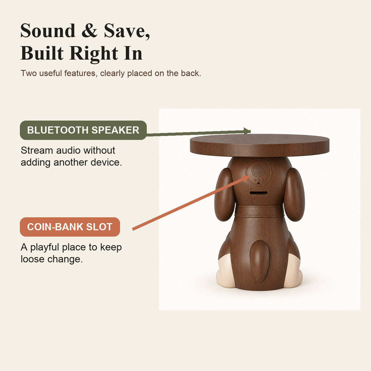 Dog-Shaped Side Table with Bluetooth Speaker & Coin Bank