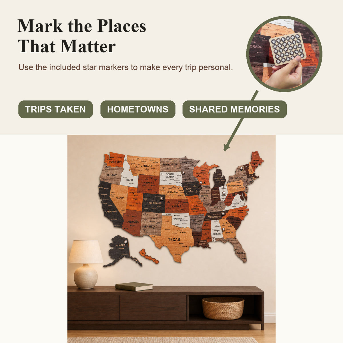 3D Wooden USA Travel Map Wall Art with Star Markers