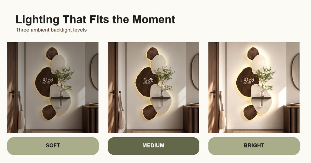 Modern Digital Wall Clock with Shelf, Vase & Backlight