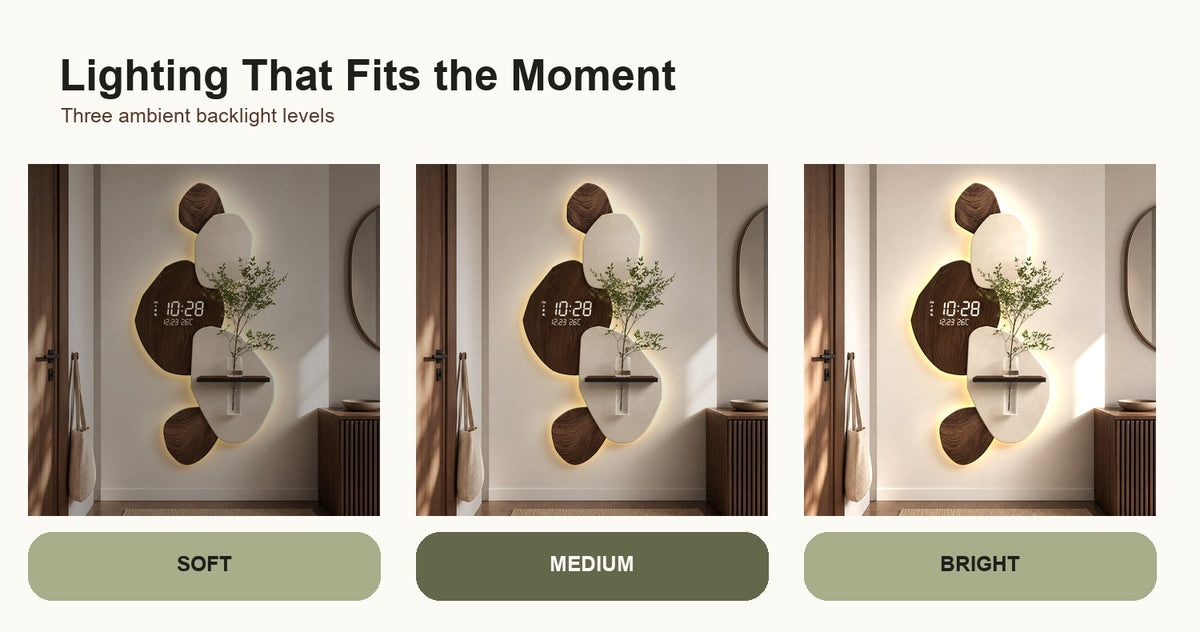 Modern Digital Wall Clock with Shelf, Vase & Backlight