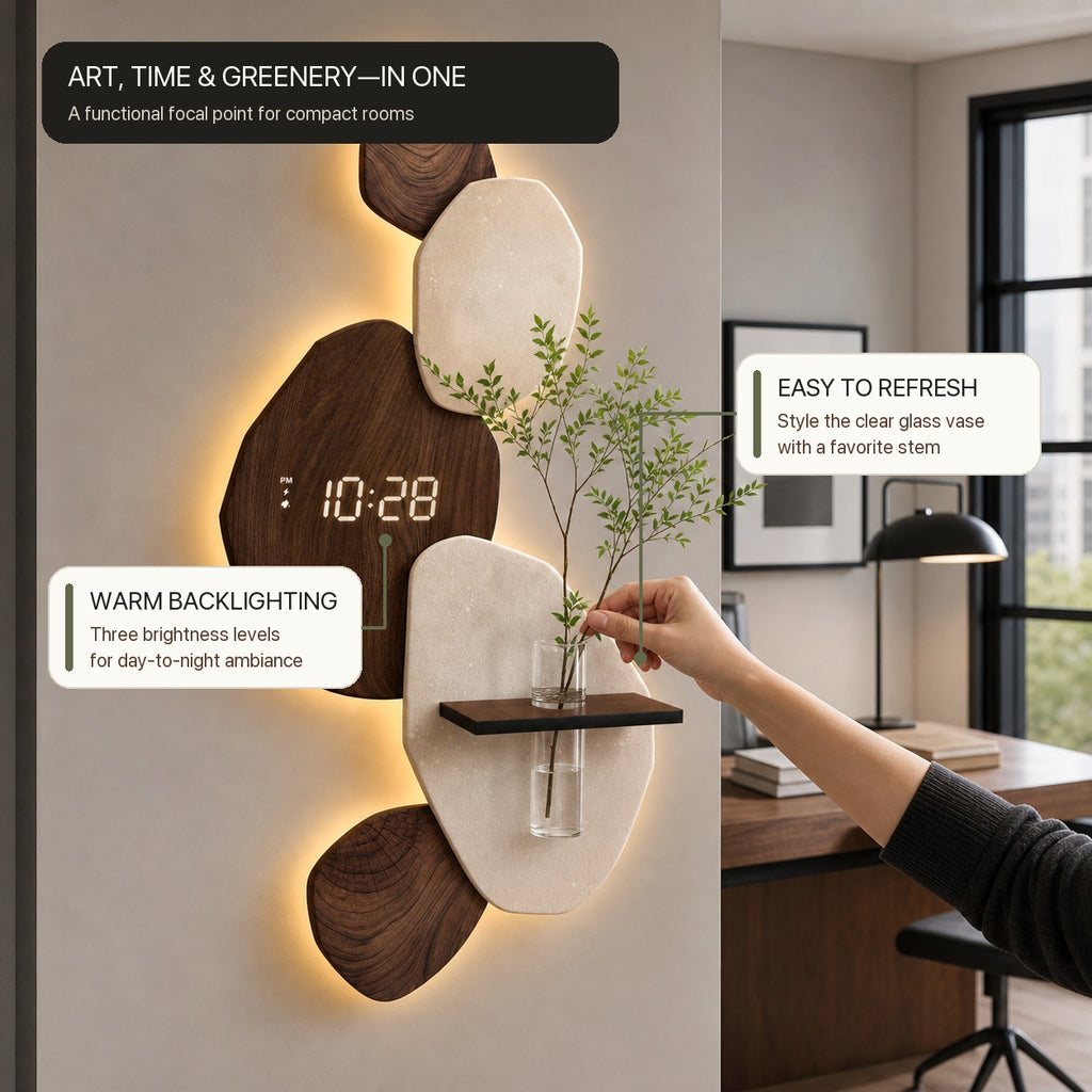 Modern Digital Wall Clock with Shelf, Vase & Backlight