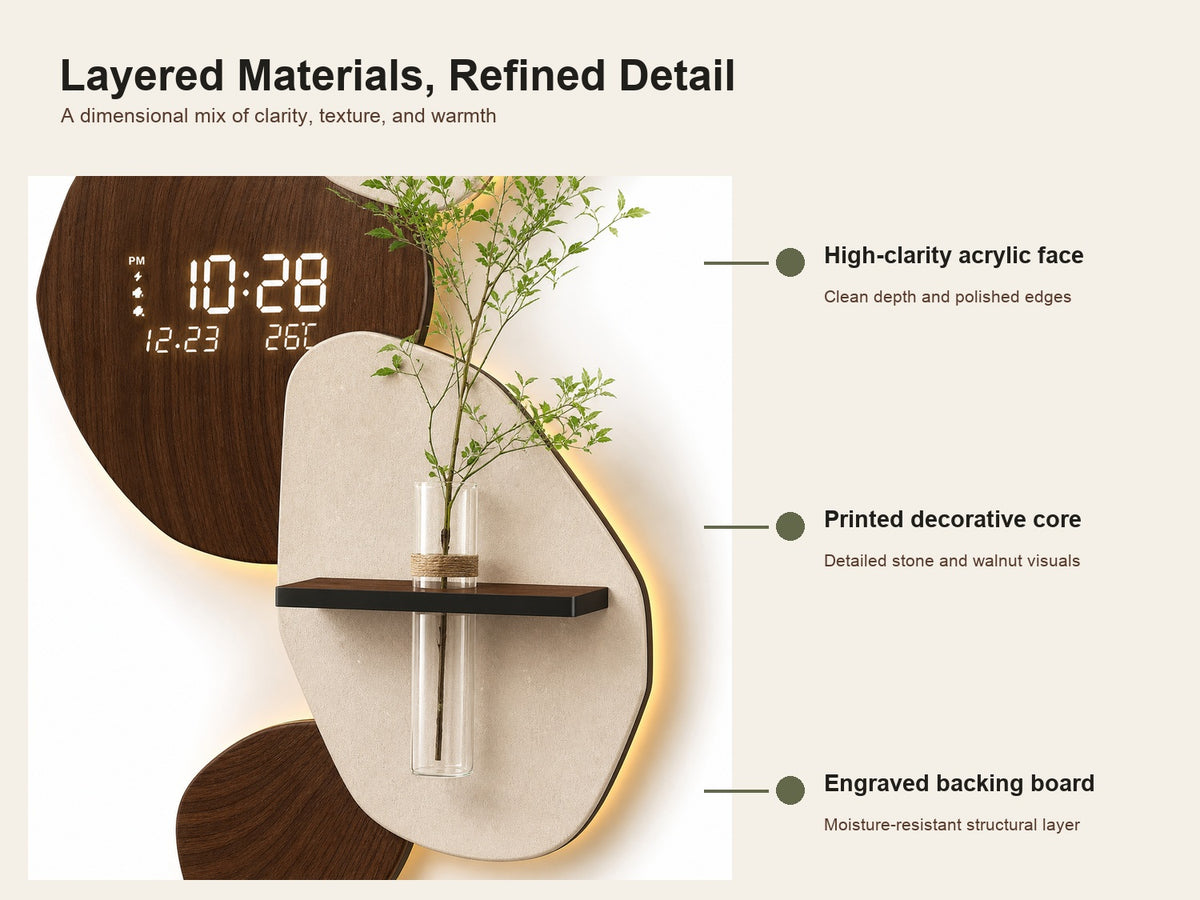 Modern Digital Wall Clock with Shelf, Vase & Backlight