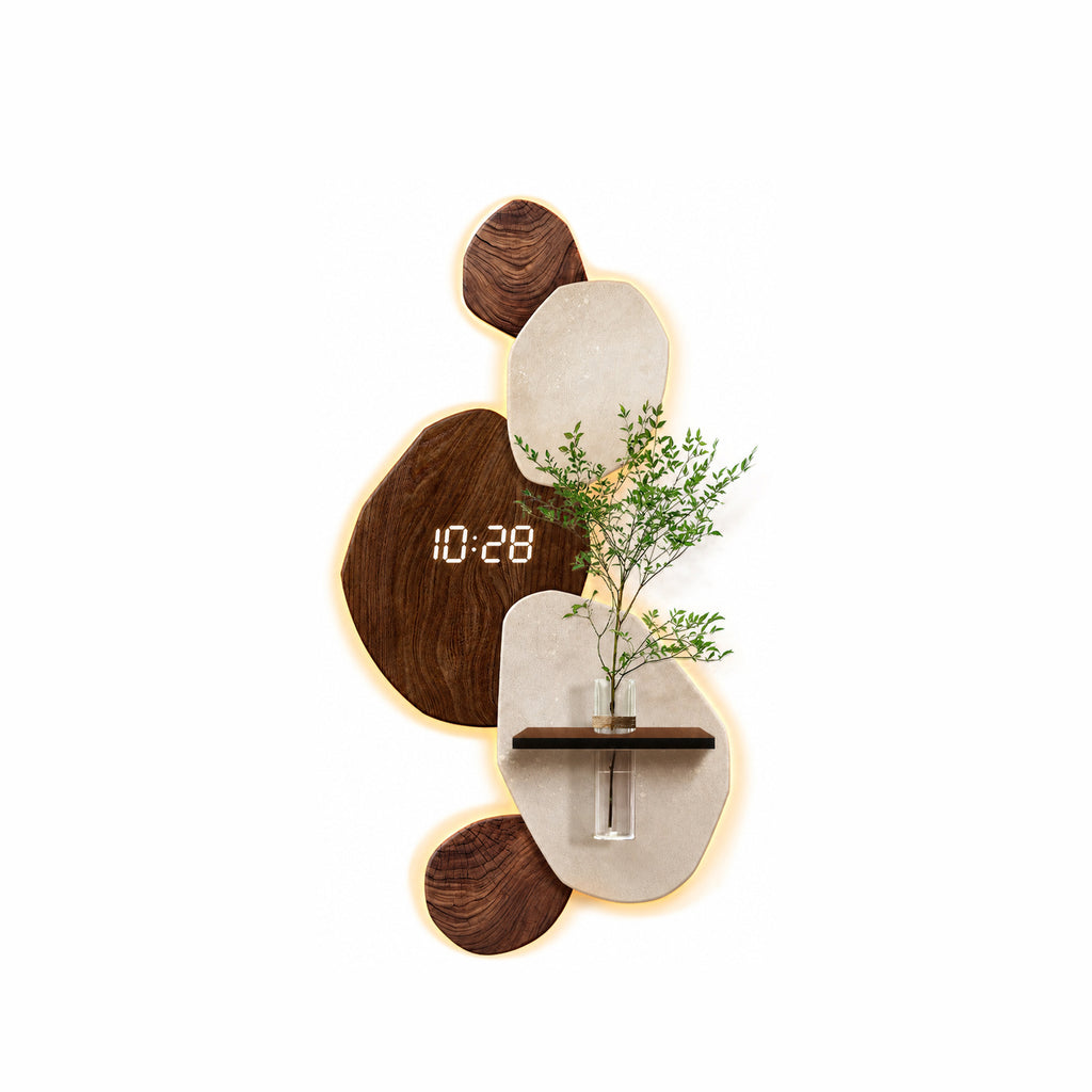 Modern Digital Wall Clock with Shelf, Vase & Backlight