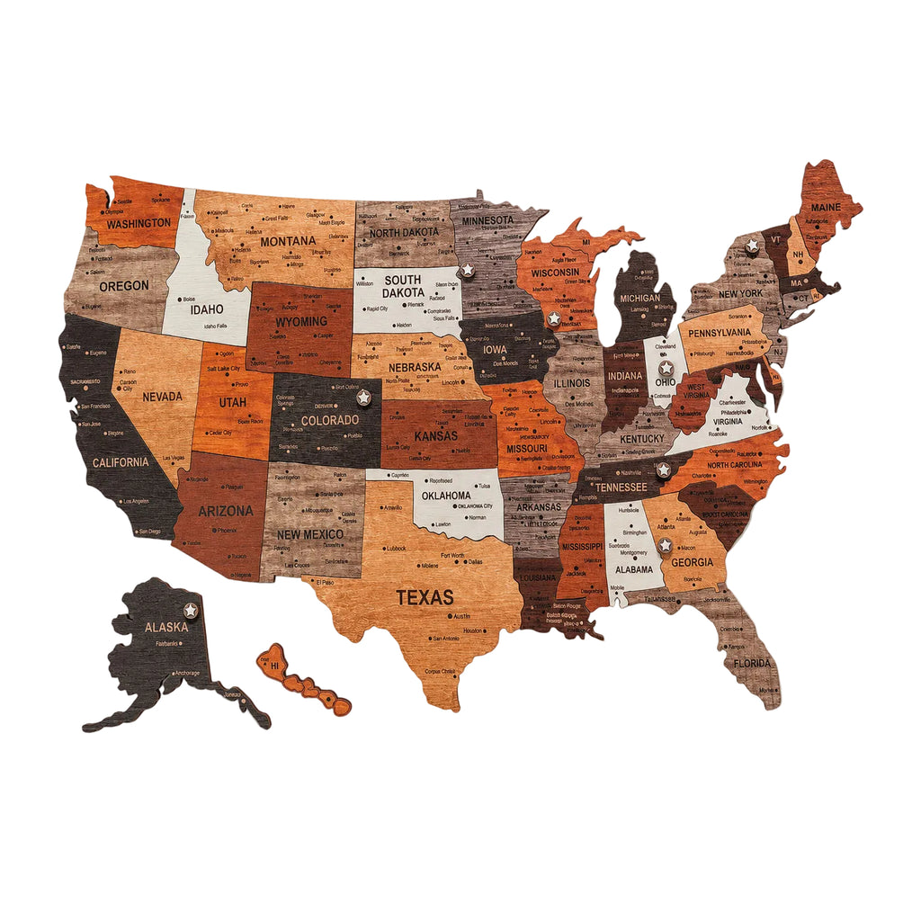 3D Wooden USA Travel Map Wall Art with Star Markers