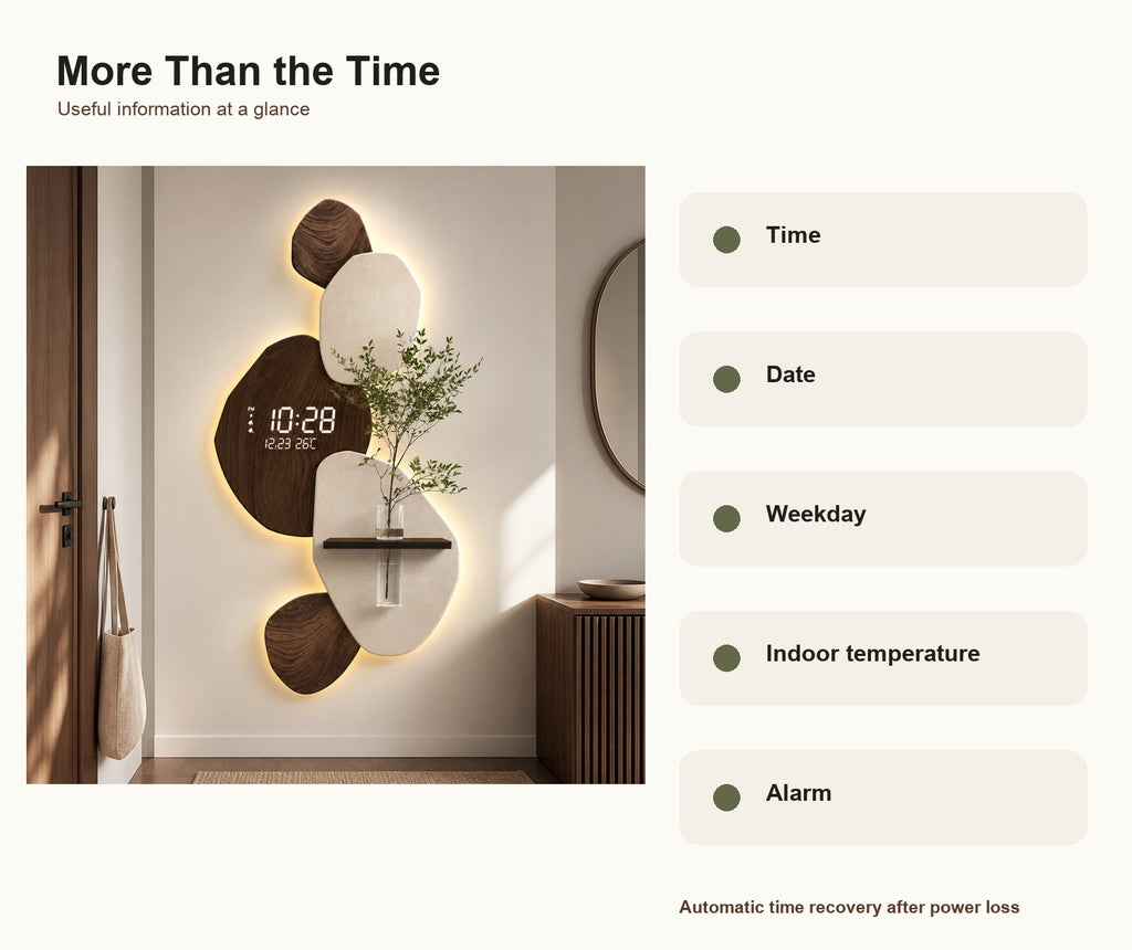 Modern Digital Wall Clock with Shelf, Vase & Backlight
