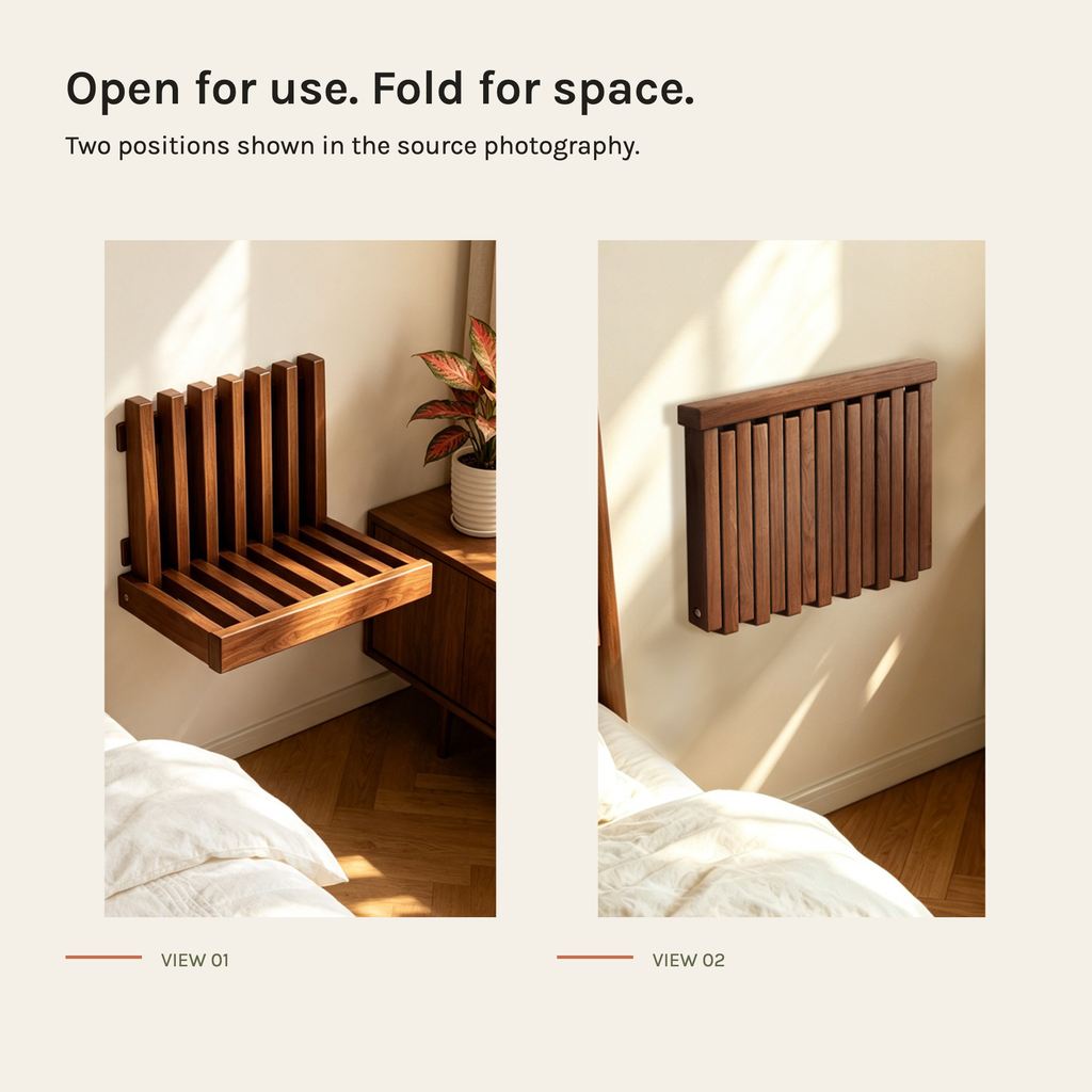 FoldAway Wall-Mounted Wood Shelf | Folding Bedside Table for Small Spaces