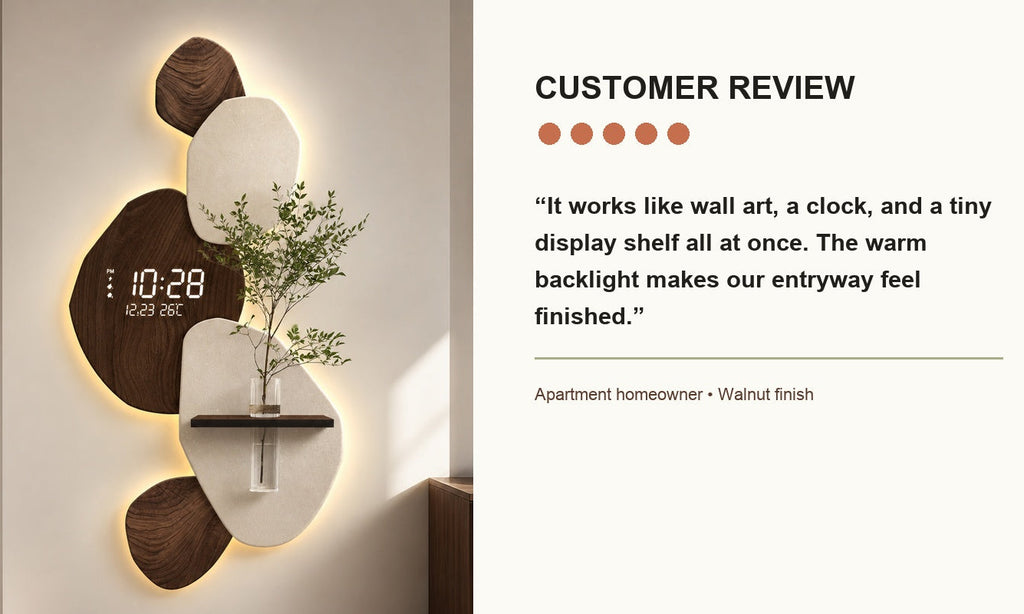 Modern Digital Wall Clock with Shelf, Vase & Backlight