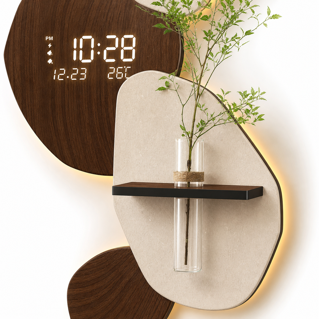 Modern Digital Wall Clock with Shelf, Vase & Backlight
