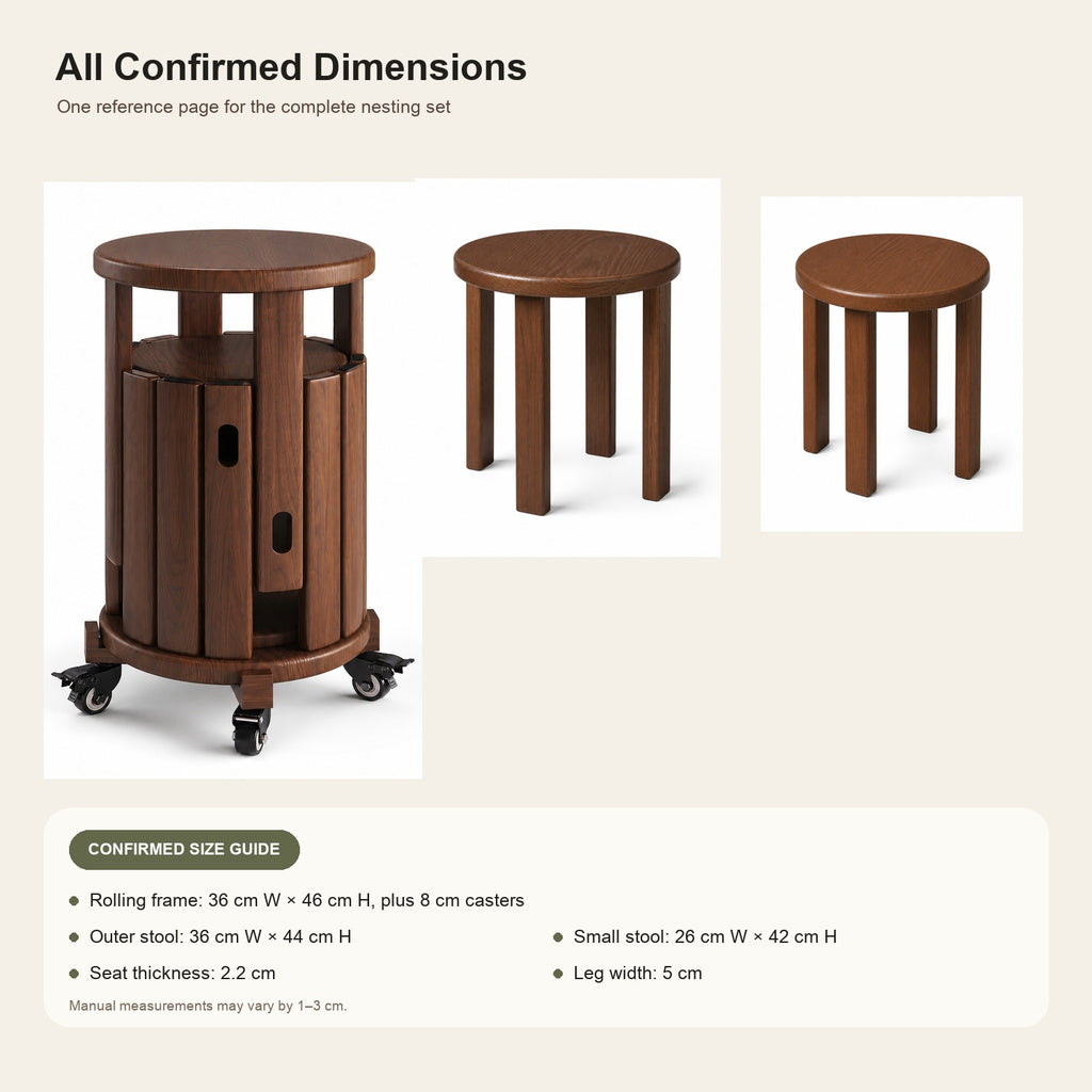 Space-Saving Nesting Stool Set with Rolling Side Table