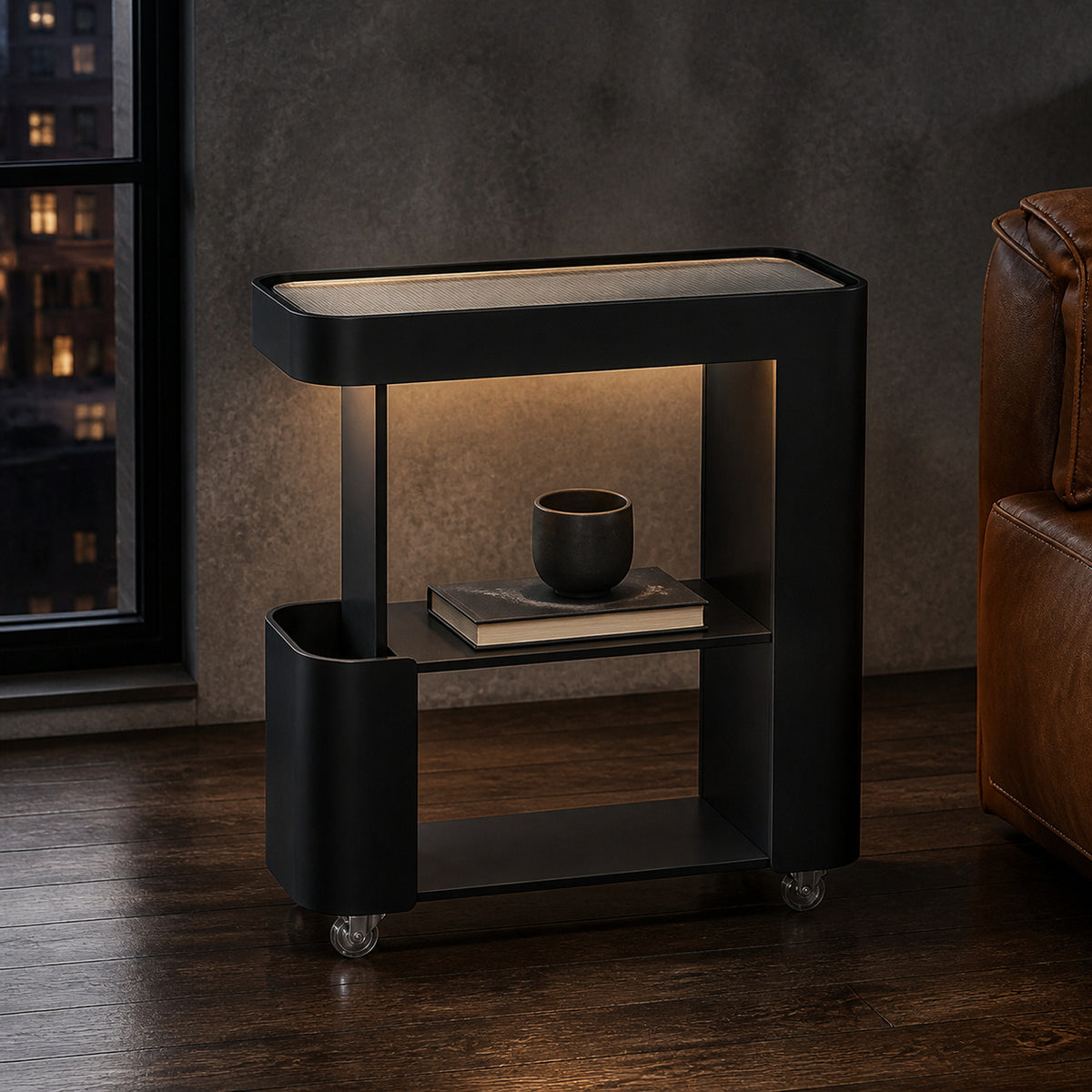 Slim Rolling Side Table with Touch Light and Storage