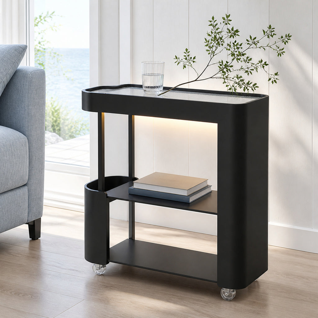 Slim Rolling Side Table with Touch Light and Storage