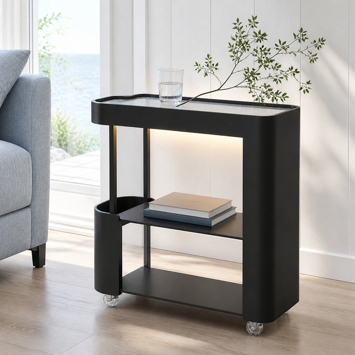 Slim Rolling Side Table with Touch Light and Storage