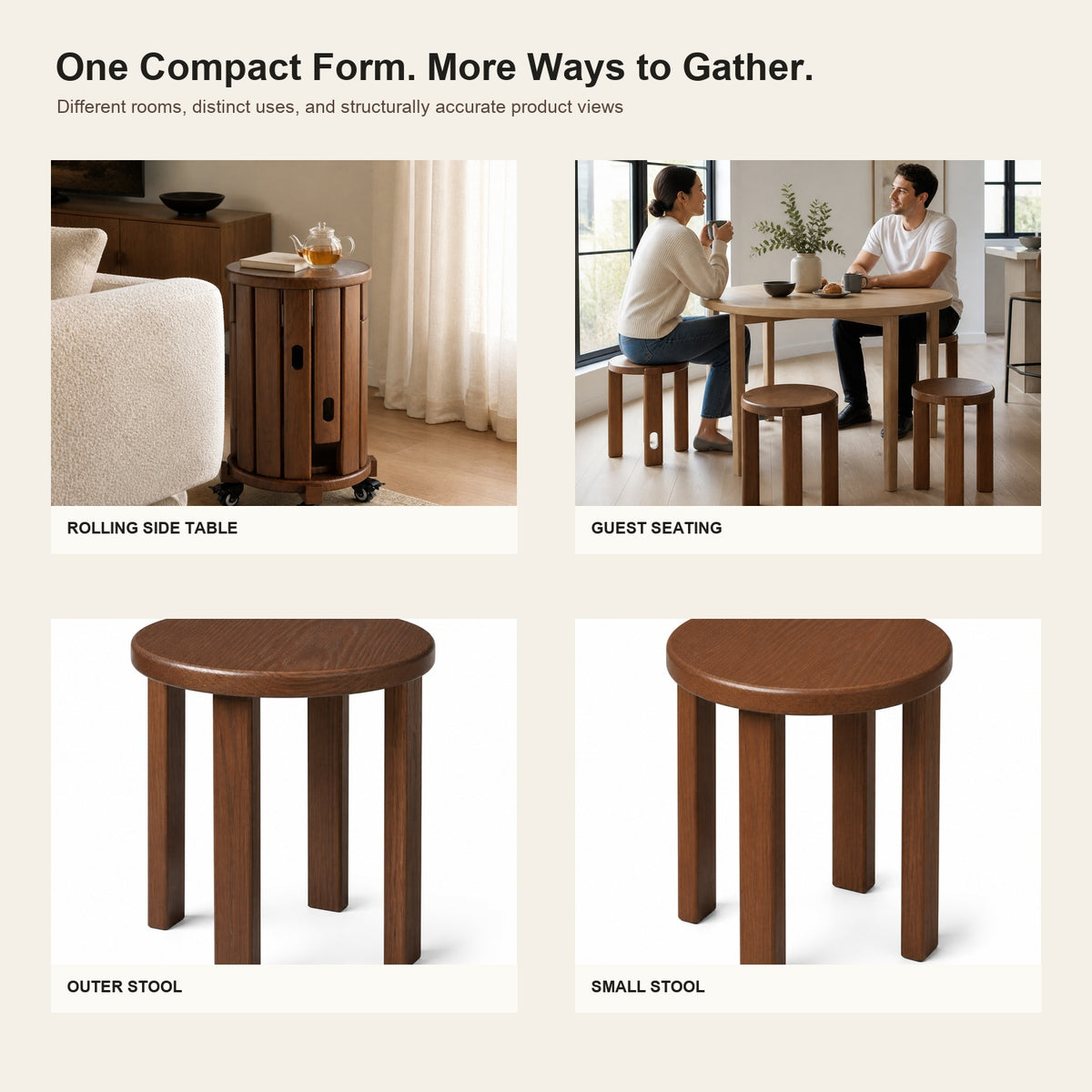 Space-Saving Nesting Stool Set with Rolling Side Table