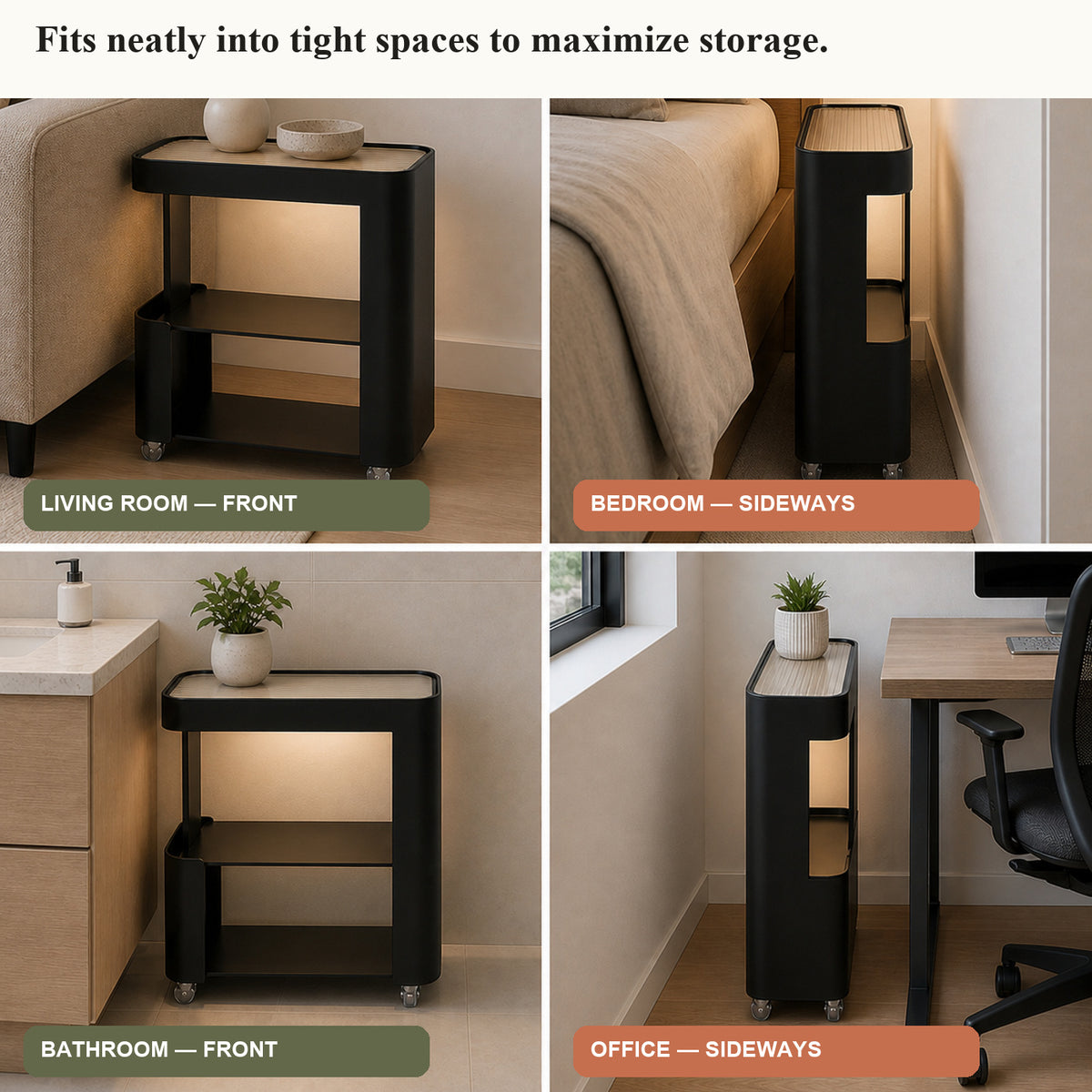 Slim Rolling Side Table with Touch Light and Storage
