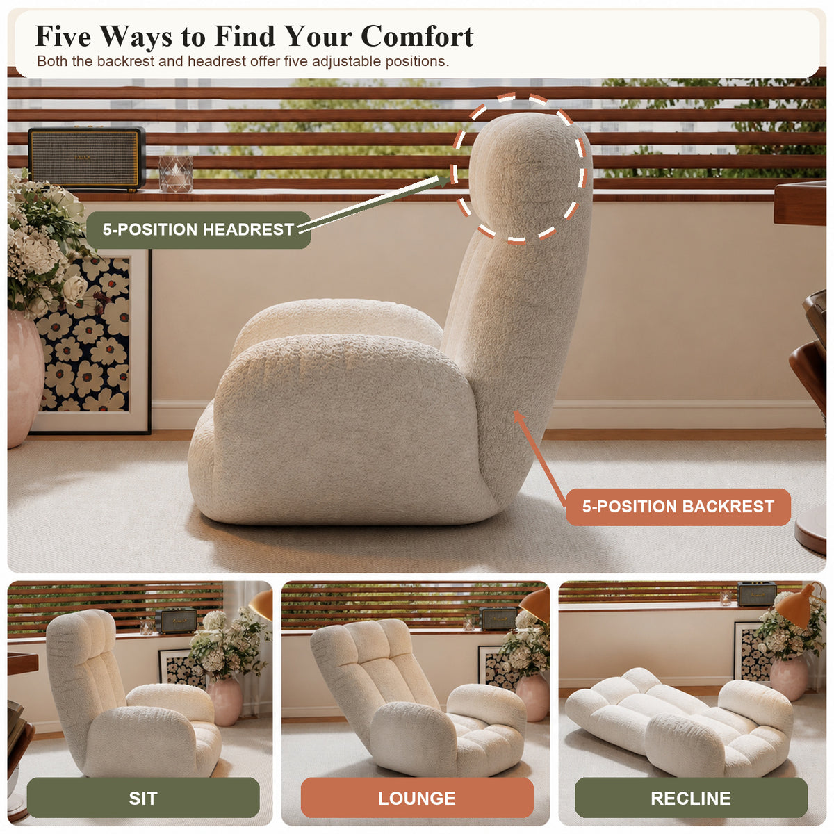 Adjustable Sherpa Floor Lounge Chair with Headrest