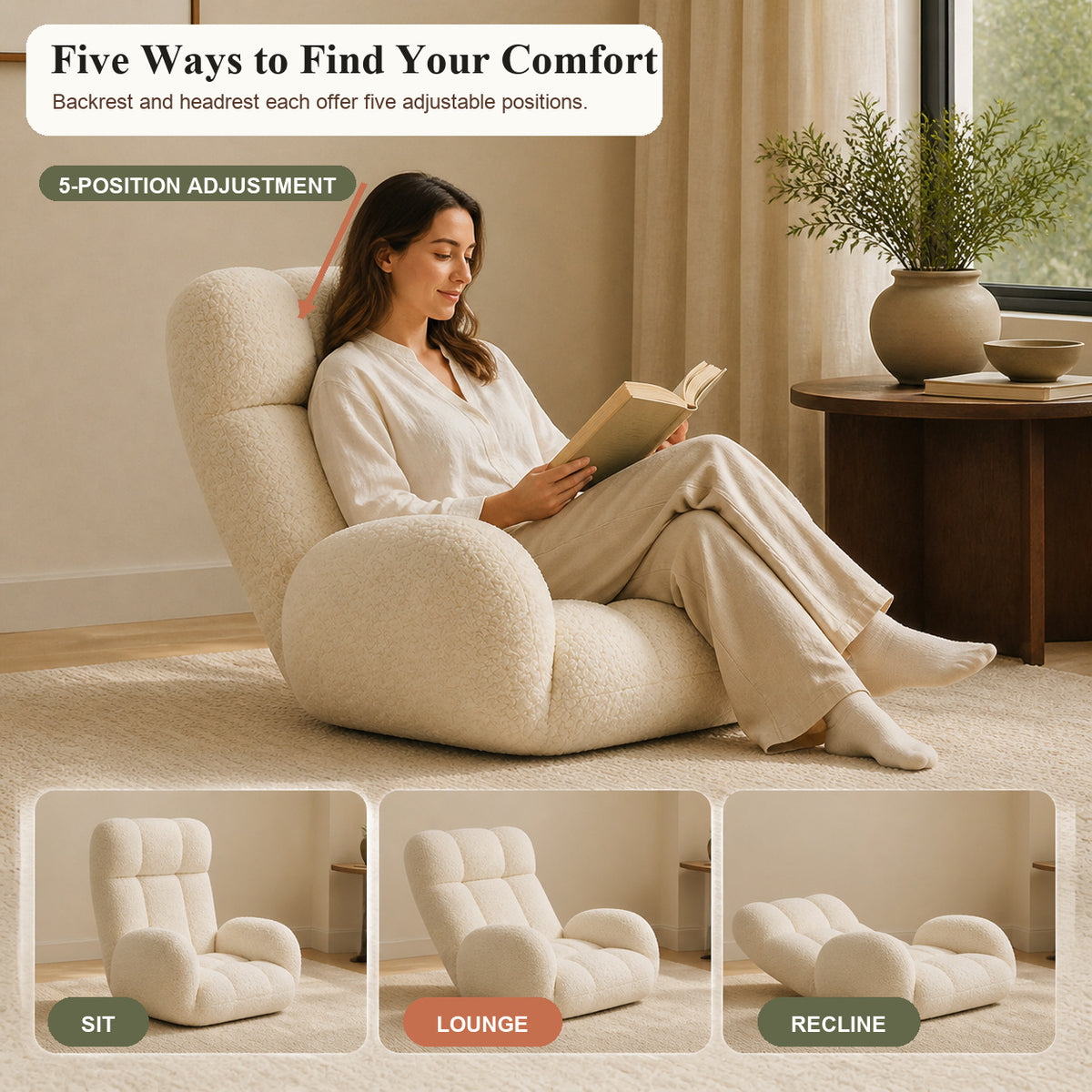 Adjustable Sherpa Floor Lounge Chair with Headrest