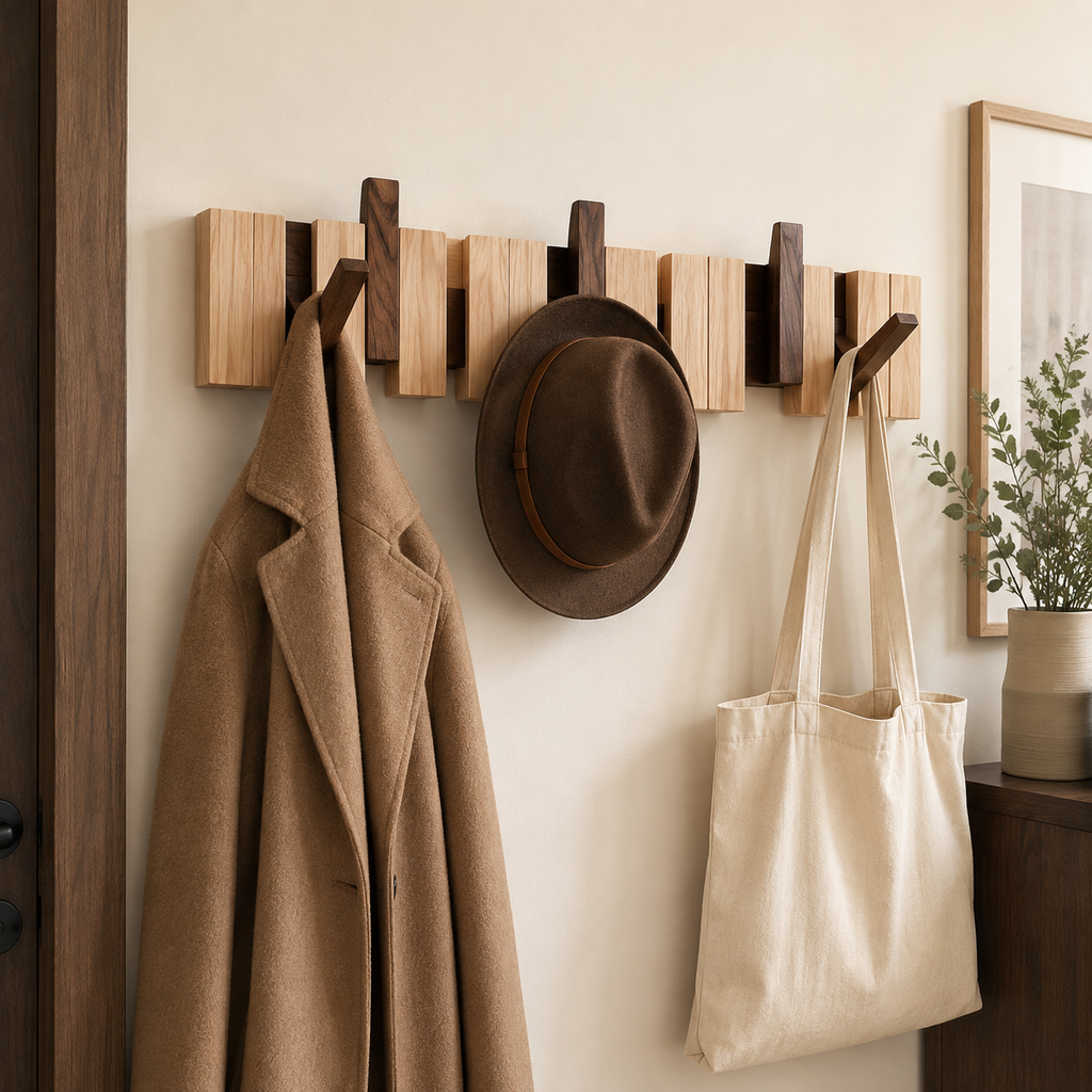 FoldArt Wooden Wall-Mounted Coat Rack with Folding Hooks