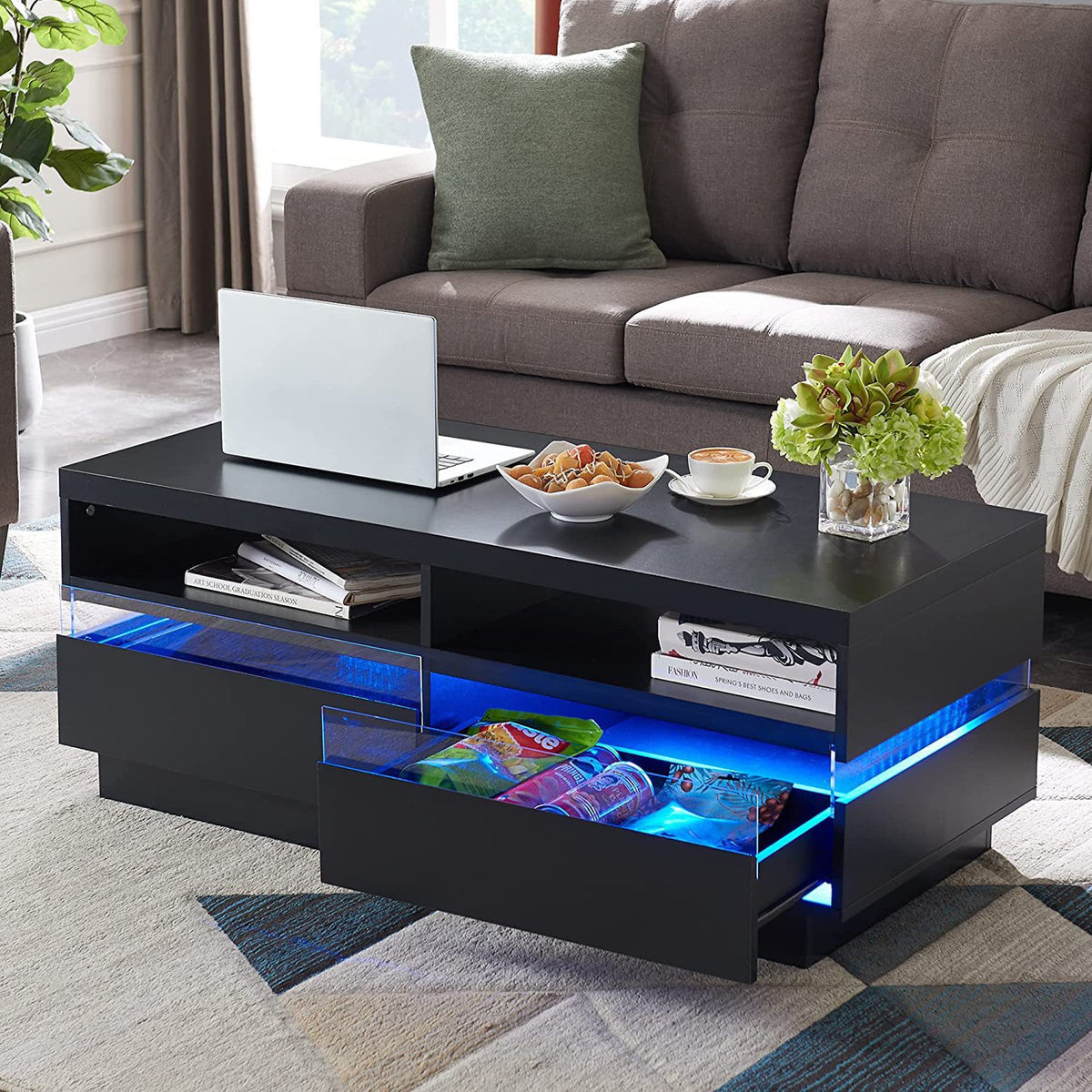 LumaGlow Modern LED Coffee Table with Open Storage Shelf