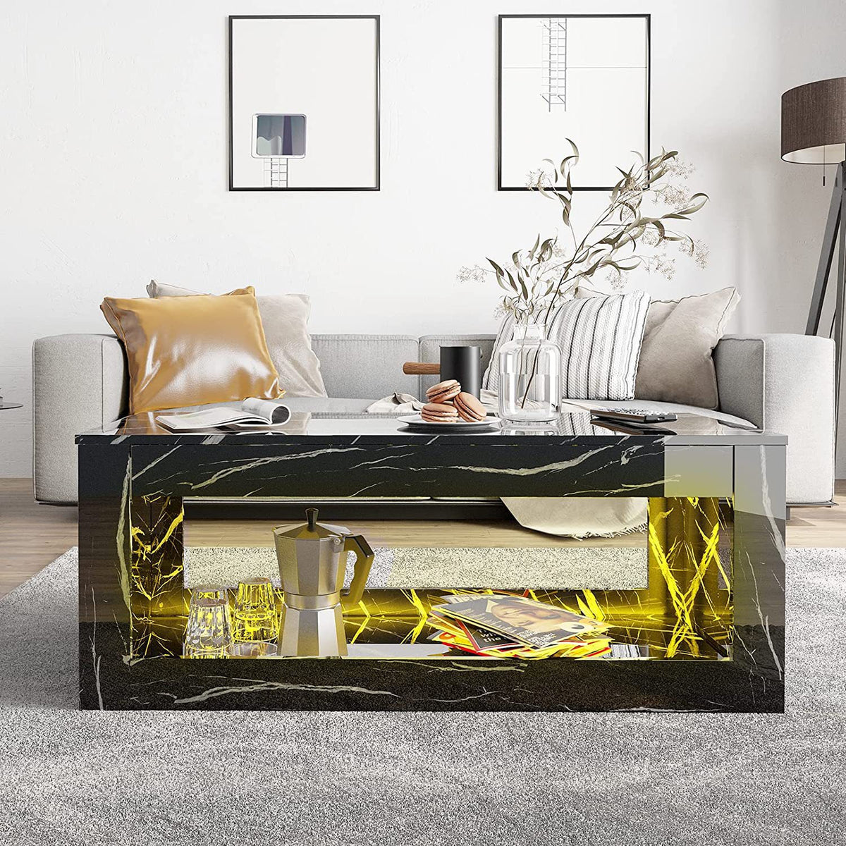 LumaGlow Modern LED Coffee Table with Open Storage Shelf