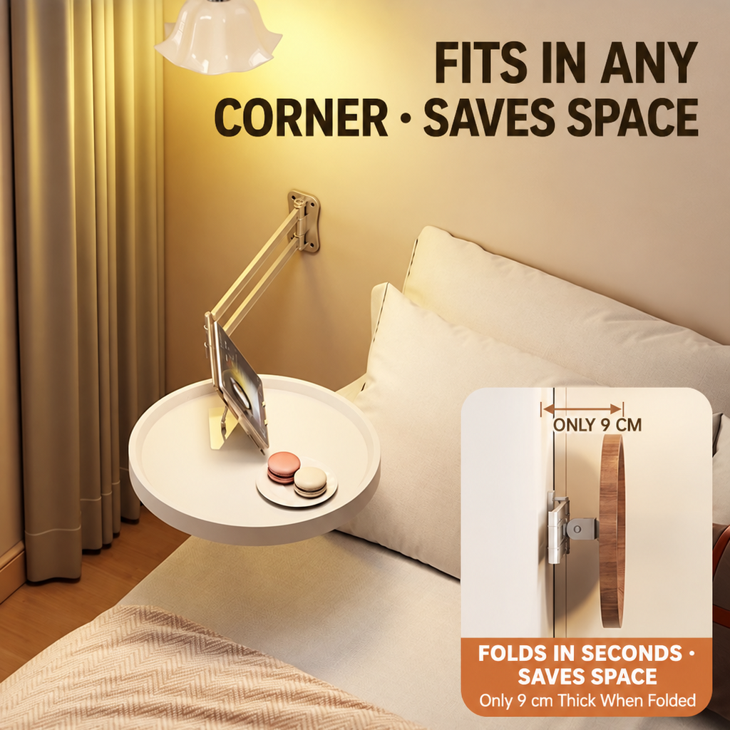 Foldable Wall-Mounted Bedside Tray with Swivel Arm