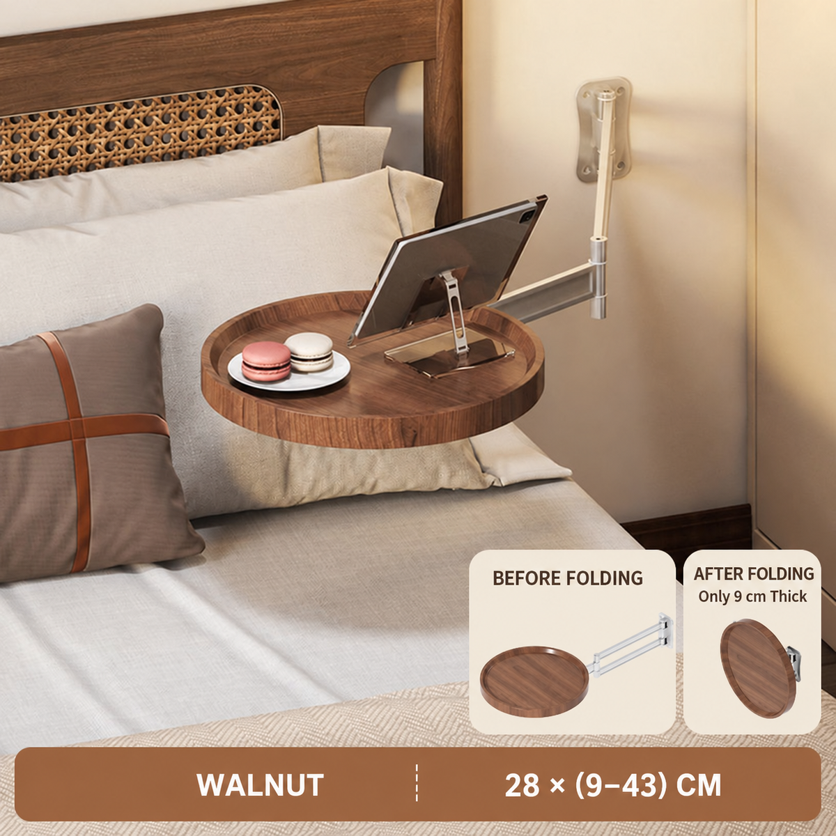 Foldable Wall-Mounted Bedside Tray with Swivel Arm